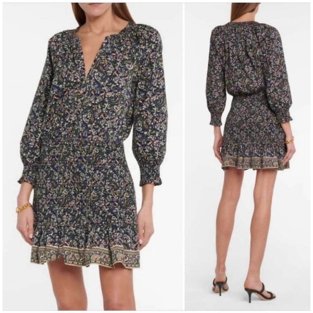 Veronica Beard Karlina Floral V-Neck Long Sleeve Smocked Dress Size 6